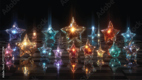 Vector illustration of glowing crystal stars in various colors on a reflective surface, creating a magical and luminous decorative design.