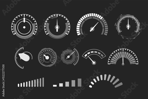 Auto speedometer dashboard scale, monochrome digital gauge, accelerate indicator, progress bar linear display vector set