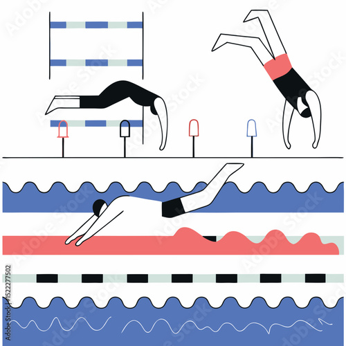 Group Swimming Relay in Pool – Clean and Fluid Vector Illustration. The clean and fluid design emphasizes motion, teamwork, and the energy of aquatic sports in a swimming pool setting.