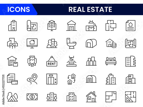 Modern vector web line icons showcasing real estate, properties, housing, mortgages, and architectural elements for home and investment.