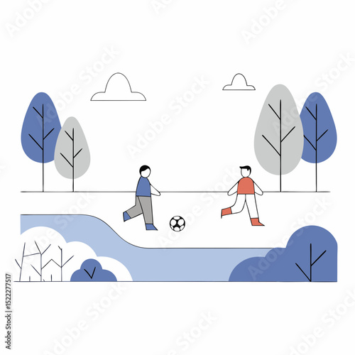 Friendly Football Match – Community Park Scene. Designed with a clean, colorful style, perfect for community, recreation, or sports-themed content.