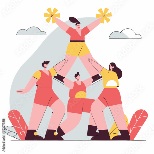 Cheerleading Group Performing – Flat Silhouette Art. Ideal for sports events, youth culture designs, and athletic promotional material, with a bold and clean visual impact.