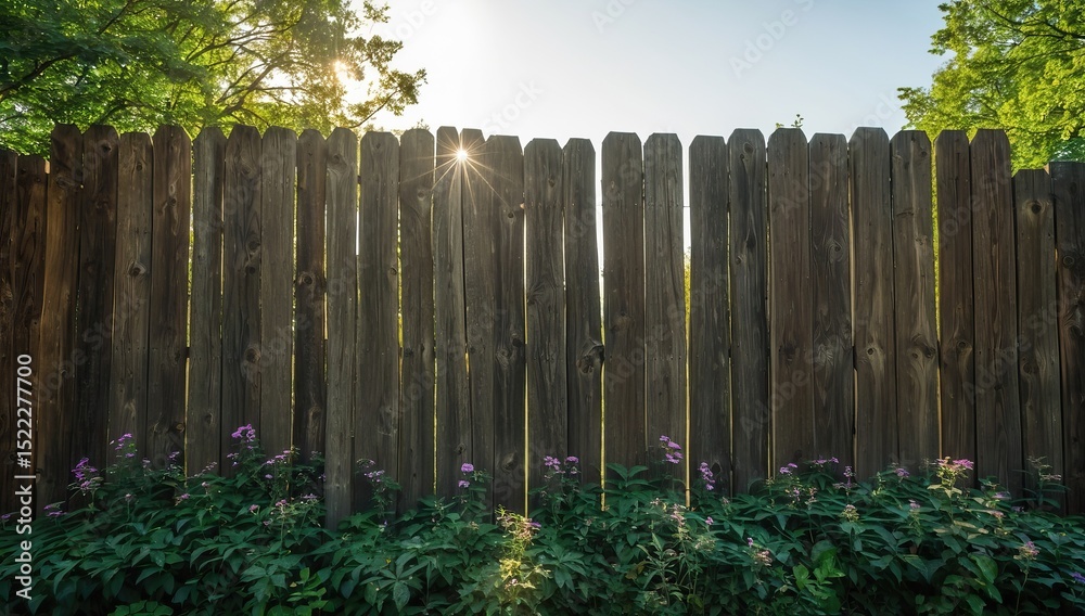 Obraz premium Wooden Fence with Green Foliage and Purple Flowers in Sunlight