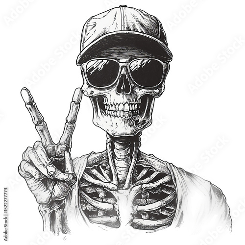 A cool skeleton wearing sunglasses and a baseball cap flashes a peace sign. 