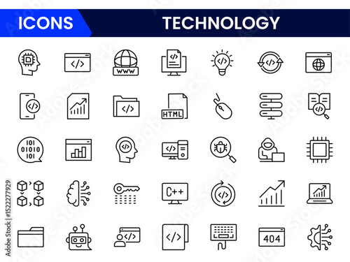 Cutting-edge vector web line icons depicting technology, coding, software development, innovation, and digital transformation for modern solutions.