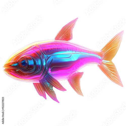 A mesmerizing, neon-hued illustration of a fish gracefully glides through an ethereal expanse, exhibiting a vibrant spectacle of color and form.
