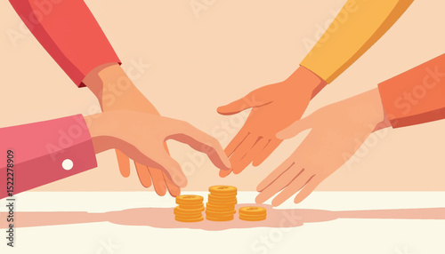 Hands counting small change with orange coins, financial exchange