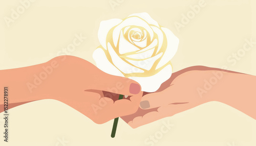 Hands exchanging white rose, symbolizing love and connection