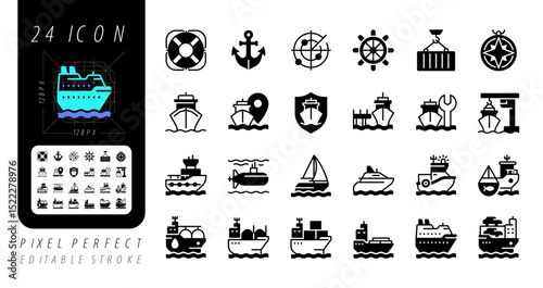 Maritime transport pixel perfect glyphs iconset on negative space. Transporting goods via sea routes. Shipping by watercraft. Silhouettes symbols. Solid icons set. Vector isolated illustration