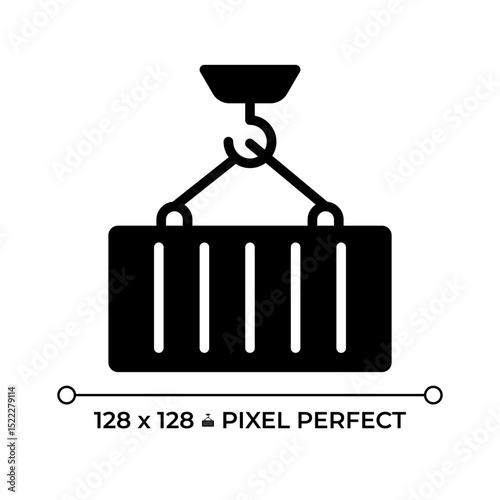 Container loading pixel perfect glyph solid icon. Crain transports heavy cargo. Lifting equipment of marine port. Black silhouette symbol on negative space. Vector isolated illustration