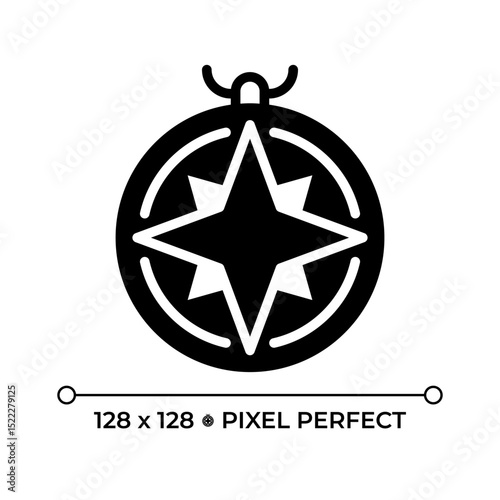 Nautical compass pixel perfect glyph solid icon. Vintage vessel navigation tool. Maritime device indicating direction. Black silhouette symbol on negative space. Vector isolated illustration
