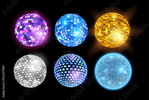 Glowing disco balls vector set, shiny hanging mirror spheres different colors, retro music dance club, party decoration