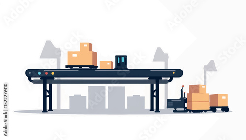 Modern conveyor belt system with packages, efficient logistics concept