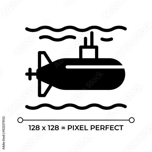 Submarine pixel perfect glyph solid icon. Watercraft capable of independent operation underwater. Maritime transport. Black silhouette symbol on negative space. Vector isolated illustration