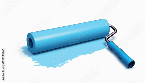 Vibrant blue paint roller on white background, artistic simplicity