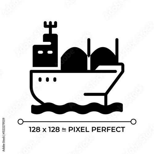 Bulk carrier pixel perfect glyph solid icon. Merchant ship transporting unpackaged cargo. Goods delivery by water. Black silhouette symbol on negative space. Vector isolated illustration