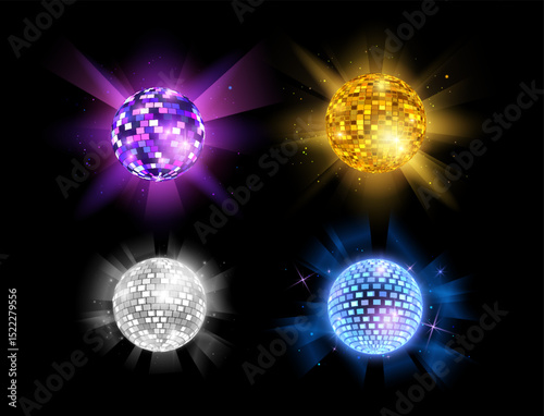 Glowing disco balls vector set, shiny hanging mirror spheres different colors, 80s music dance club, retro party decor