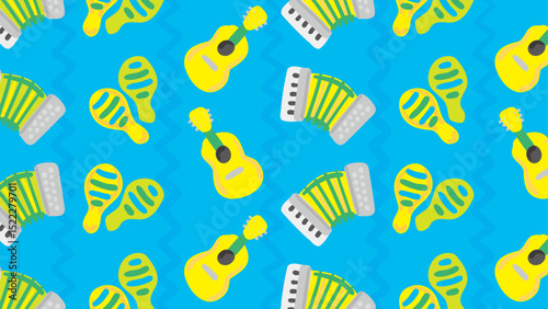 Background and banner decorated with Latin instrument patterns(guitar, accordion, maracas).Blue striped pattern.Horizontal,wide version.