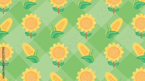 Background and banner decorated with pattern of Sunflower and sweet corn.Green checkered pattern.Horizontal,wide version.