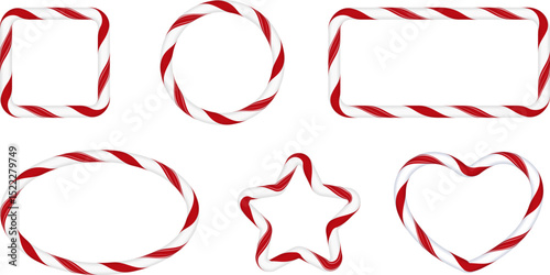 Christmas candy cane frames from red white twisted stripes, round, star, heart and rectangle borders vector collection