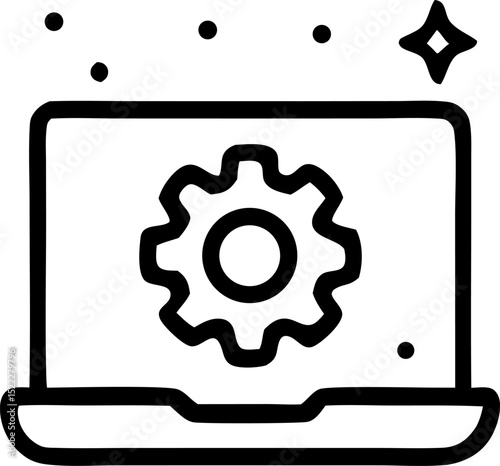 Laptop displaying gear and stars, ideal for technology, innovation, and creativity concepts in presentations, websites, or social media posts.
