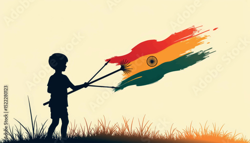 Boy painting freedom symbol with Indian flag colors, expression of hope