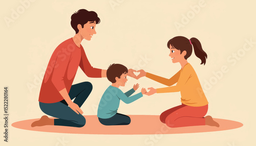 Child expressing love to parents in heart gesture, family bonding