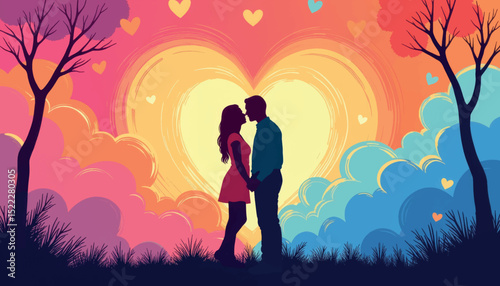 Loving couple sharing a moment in colorful heart-shaped background, romance