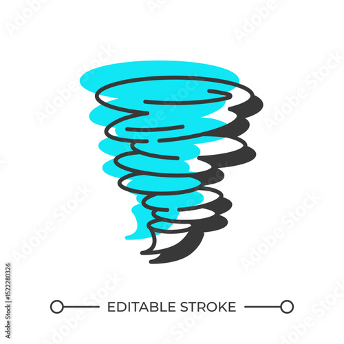 Tornado offset shadow line icon. Violently rotating column of air. Environmental disaster warning. Danger. Bold outline symbol with solid blue fill. Modern flat illustration. Editable stroke