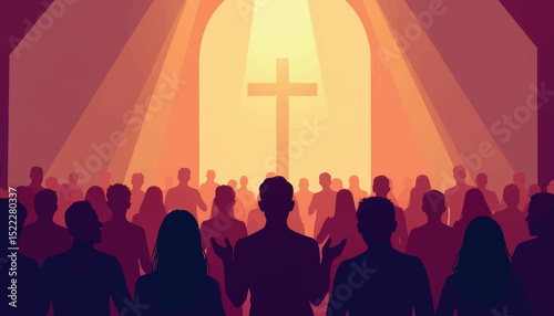 Crowd praying in church with illuminated cross, spiritual devotion