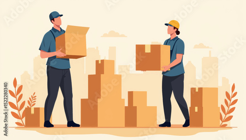 Coworkers collaborating while packing delivery boxes, teamwork effort
