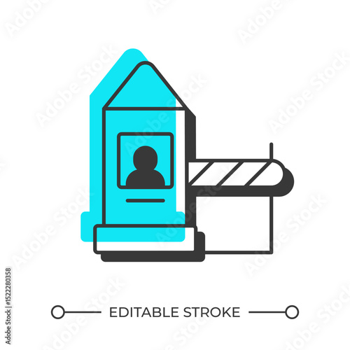 Security guard cabin offset shadow line icon. Entry checkpoint with barrier. Professional protection service. Bold outline symbol with solid blue fill. Modern flat illustration. Editable stroke