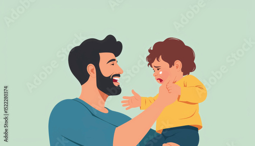 Father comforting crying toddler at home, love and support