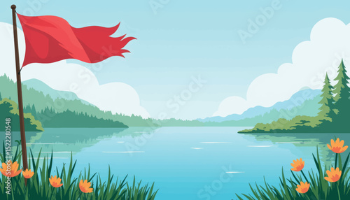 Red flag waving by serene lake under blue sky, nature illustration