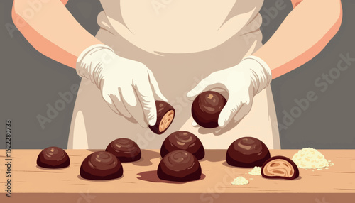 Gloved hands crafting chocolate truffles on wooden table, culinary art