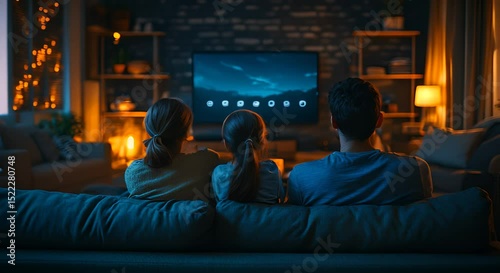Family snuggled on couch watching television in dimly lit living room.