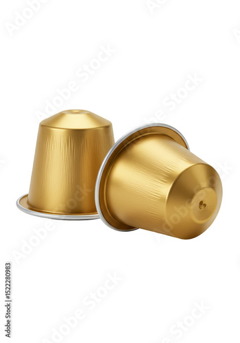 Isolated Transparent Background of Two Golden Metallic Coffee Capsules