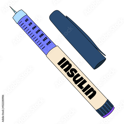 Cartoon illustration of a mechanical insulin pen injector with visible needle, dosage markings, and detached cap on a white background. Concept of diabetes mellitus, chronic illness, and healthcare.