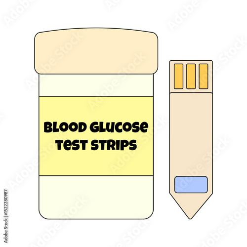 Isolated cartoon illustration of a container labeled - blood glucose test strips - with one test strip placed beside it on white background. Concept of diabetes mellitus, chronic illness, healthcare.