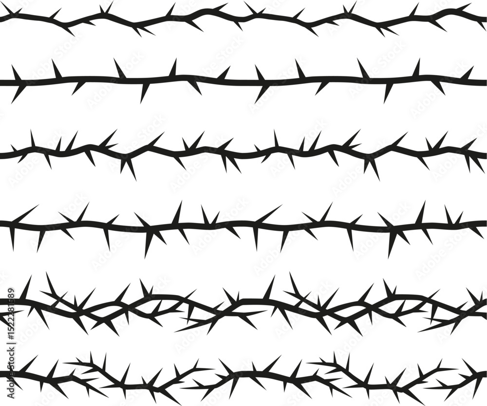 Εκτύπωση καμβά Barbwire, thorny frame vector illustrations set, boundary barb lines, sharp fenc