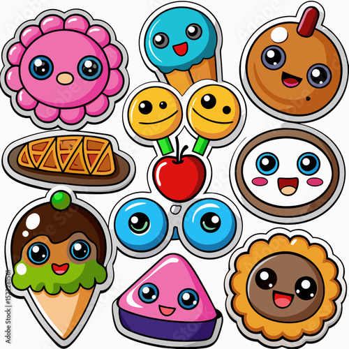 10 Of set More sticker Cute Food  design and bold line black , white background ,full  color