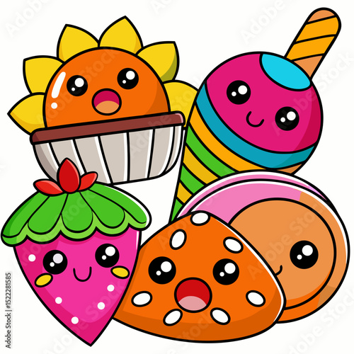 10 Of set More sticker Cute Food  design and bold line black , white background ,full  color