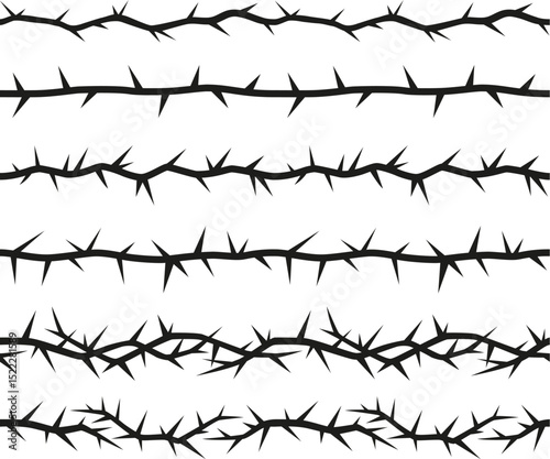 Barbwire, thorny frame vector illustrations set, boundary barb lines, sharp fence, torn stem white and black design