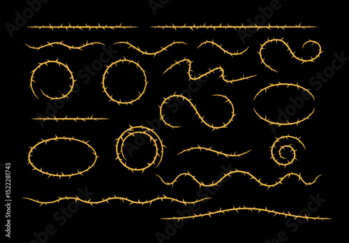 Barbwire, thorny frames different shapes vector set, rusty wreath, barb line silhouettes, round and curly sharp stems