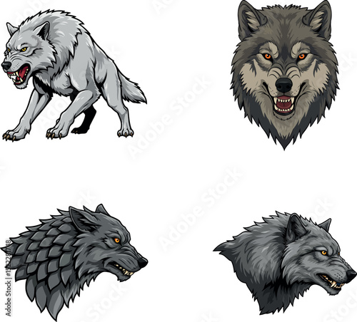 Fierce Wolf Mascot and Emblem Illustration Set.