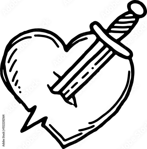 Pierced Heart Line Art Silhouette Vector Illustration of Love and Pain