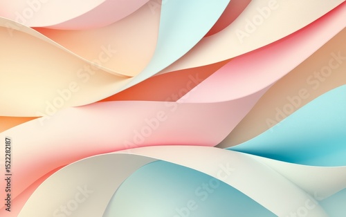 Abstract pastel pink, blue, and cream paper ribbons and curves in a 3D rendering on a gradient background with copy space for text.