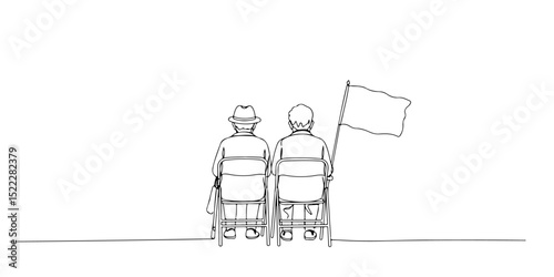 Continuous single line drawing of a pair of grandparents sitting while watching a parade, representing nostalgia and appreciation for the struggle, independence day, line art style vector illustration