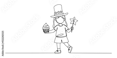 Continuous single line drawing of a girl wearing a star hat and carrying a cupcake, representing children's celebration of 4th of July, line art style vector illustration.
