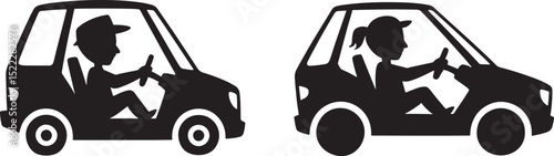 Black silhouette illustrations of a man and woman driving cars in a minimalist style